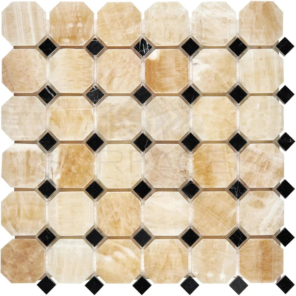 Honey Onyx (Giallo Crystal) Octagon (w/Black) Mosaic Marble Tile Polished