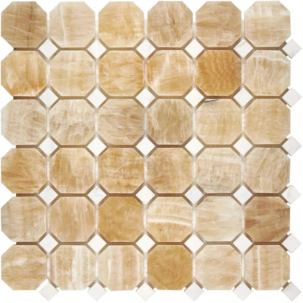 Honey Onyx (Giallo Crystal) Octagon (w/White) Mosaic Marble Tile Polished