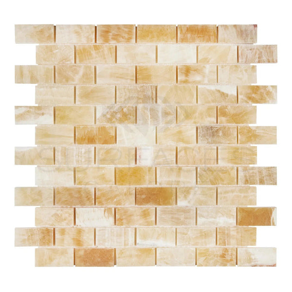 Honey Onyx (Giallo Crystal) Premium 1X2 Brick Mosaic Marble Tile Polished - SurfacesGalore