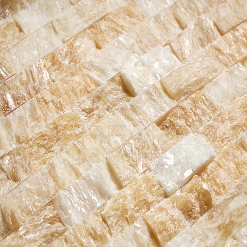 Honey Onyx (Giallo Crystal) Premium 1X2 Brick Mosaic Marble Tile Split - Faced - SurfacesGalore