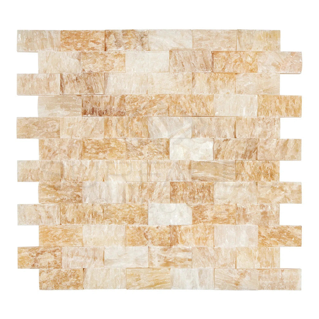 Honey Onyx (Giallo Crystal) Premium 1X2 Brick Mosaic Marble Tile Split - Faced - SurfacesGalore