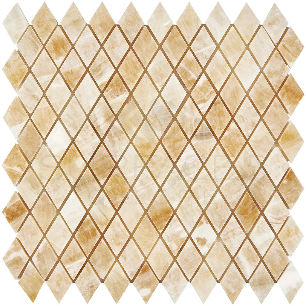 Honey Onyx (Giallo Crystal) Premium 1X2 Diamond/Rhomboid Mosaic Marble Tile Polished - SurfacesGalore