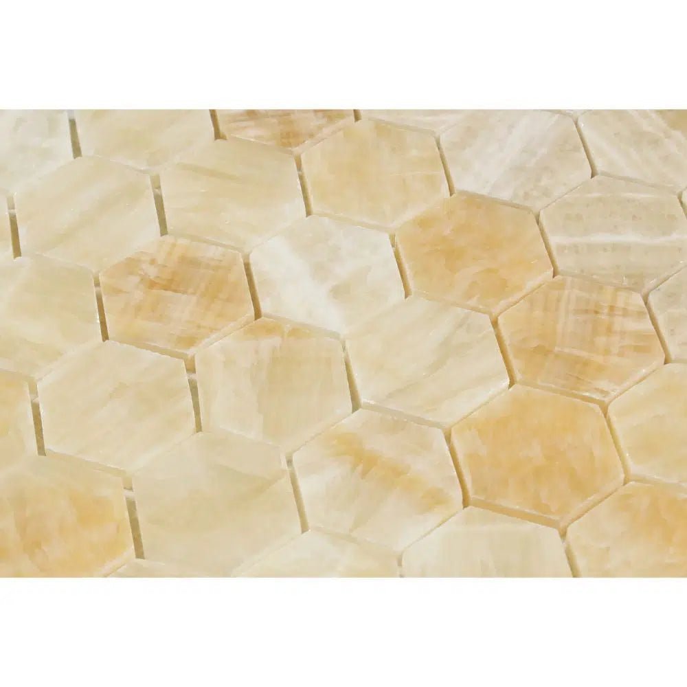 Honey Onyx (Giallo Crystal) Premium 2X2 Hexagon Mosaic Marble Tile Polished - SurfacesGalore