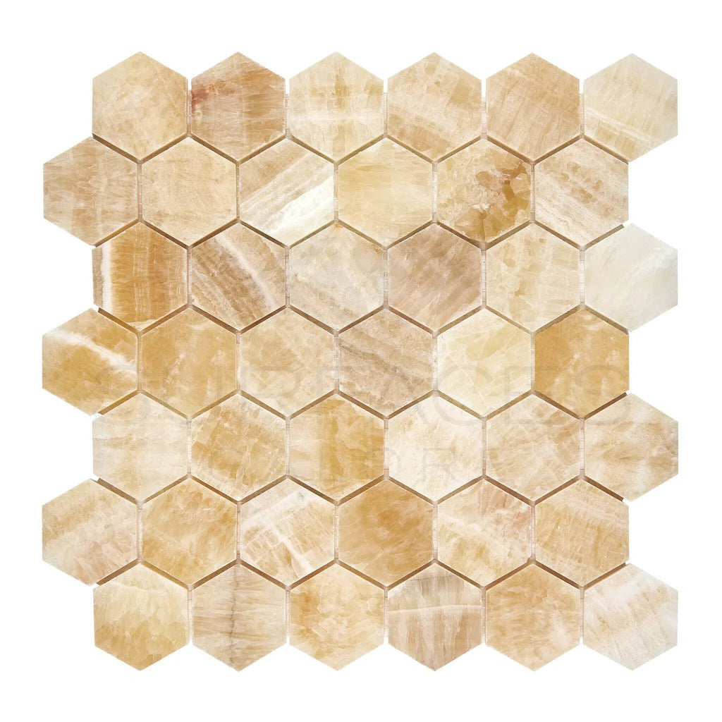 Honey Onyx (Giallo Crystal) Premium 2X2 Hexagon Mosaic Marble Tile Polished - SurfacesGalore