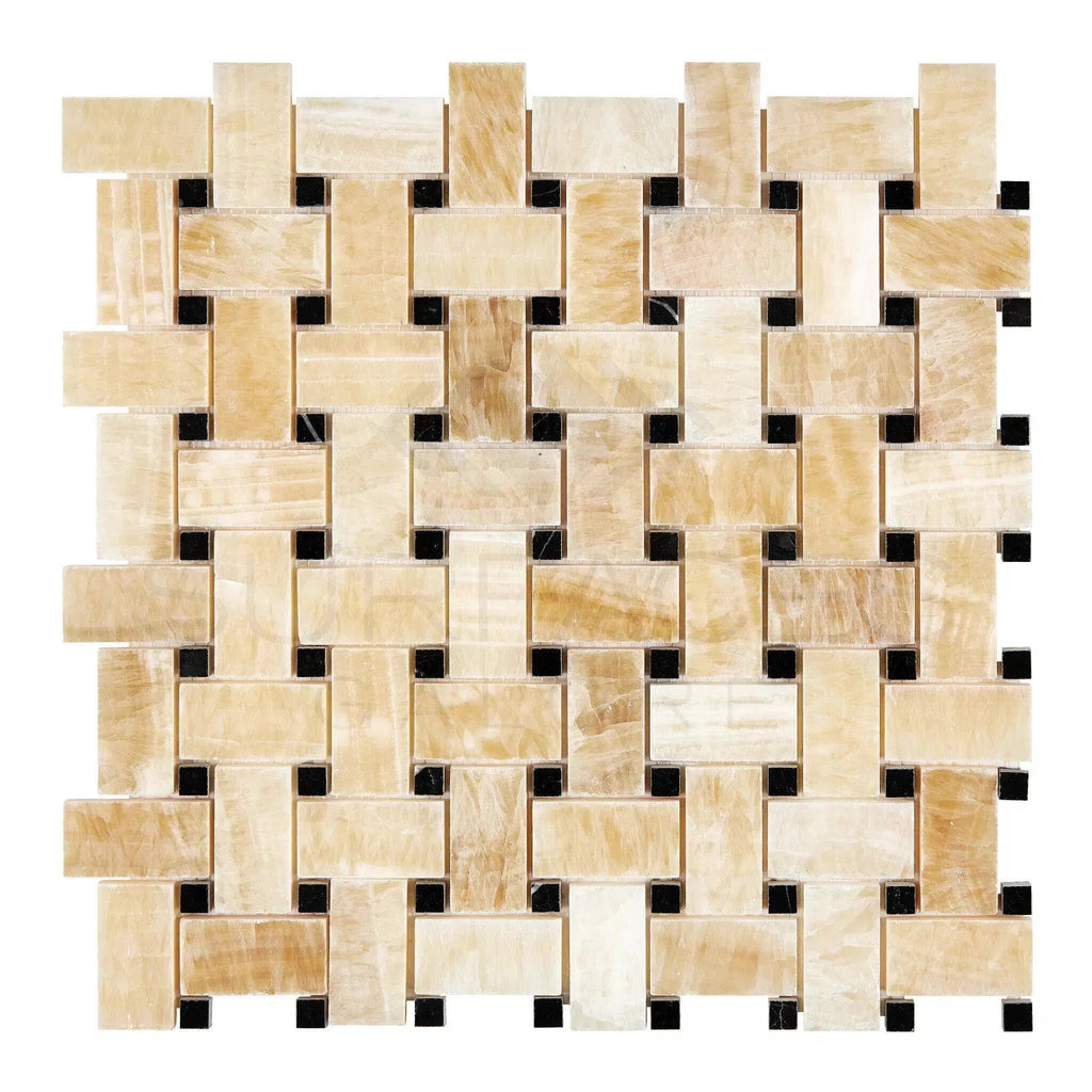 Honey Onyx (Giallo Crystal) Premium Basketweave Mosaic (w/Black) Marble Tile Polished