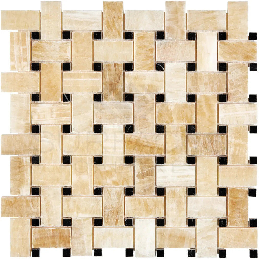 Honey Onyx (Giallo Crystal) Premium Basketweave Mosaic (w/Black) Marble Tile Polished