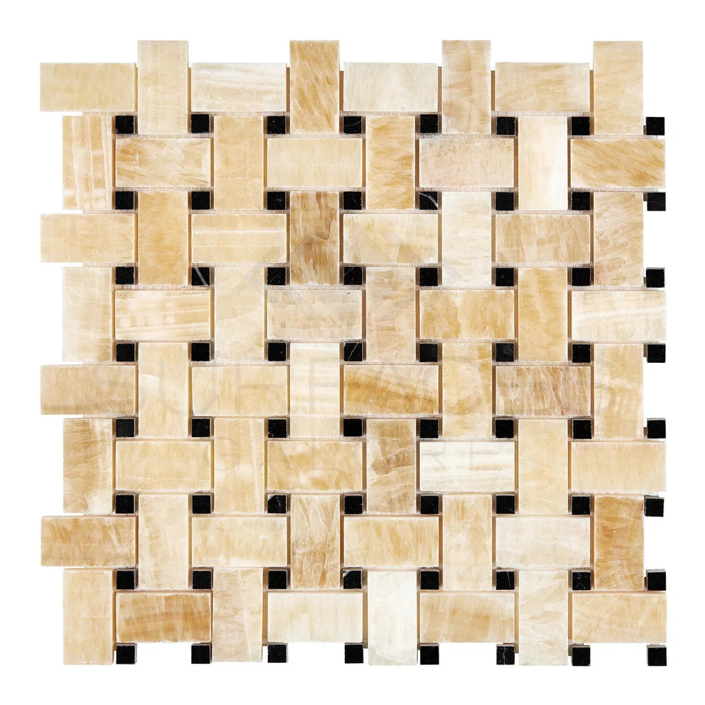 Honey Onyx (Giallo Crystal) Premium Basketweave Mosaic (w/Black) Marble Tile Polished - SurfacesGalore