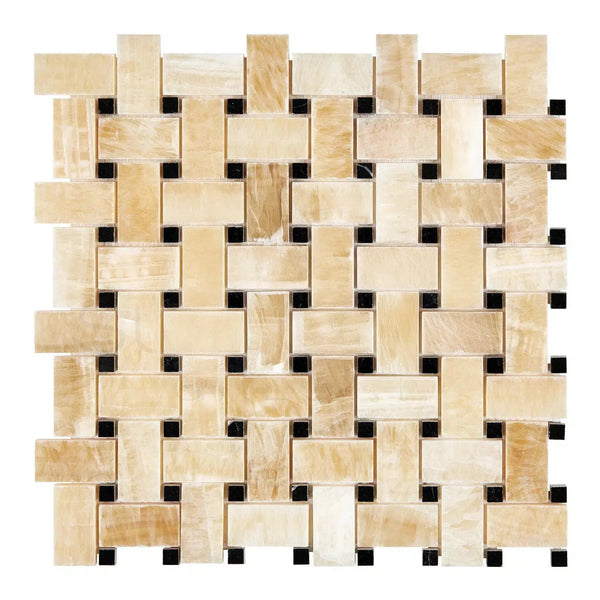 Honey Onyx (Giallo Crystal) Premium Basketweave Mosaic (w/Black) Marble Tile Polished