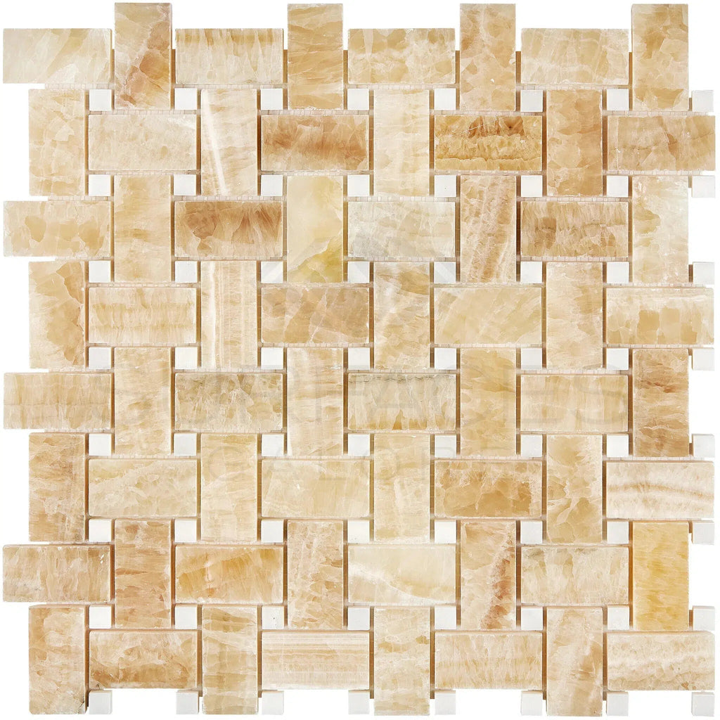 Honey Onyx (Giallo Crystal) Premium Basketweave Mosaic (w/White) Marble Tile Polished - SurfacesGalore