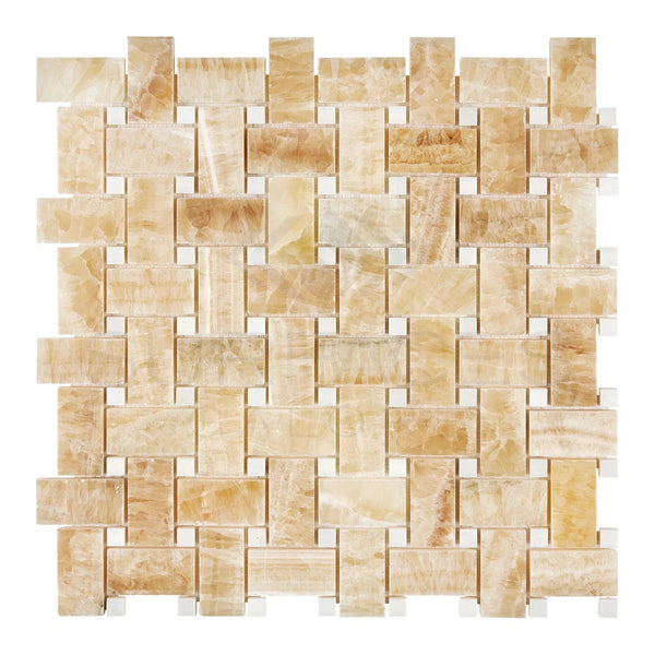 Honey Onyx (Giallo Crystal) Premium Basketweave Mosaic (w/White) Marble Tile Polished - SurfacesGalore