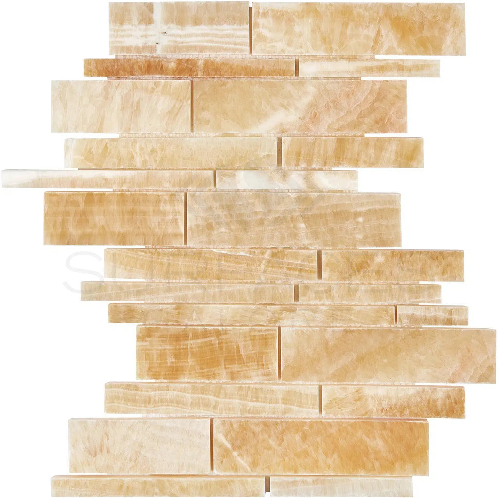 Honey Onyx (Giallo Crystal) Premium Manhattan (Random - Strip) Mosaic Marble Tile Polished - SurfacesGalore