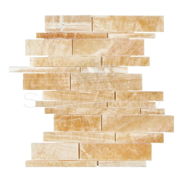 Honey Onyx (Giallo Crystal) Premium Manhattan (Random-Strip) Mosaic Marble Tile Polished