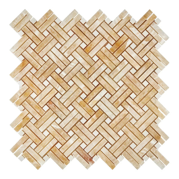 Honey Onyx (Giallo Crystal) Premium Stanza (w/White) Mosaic Marble Tile Polished - SurfacesGalore