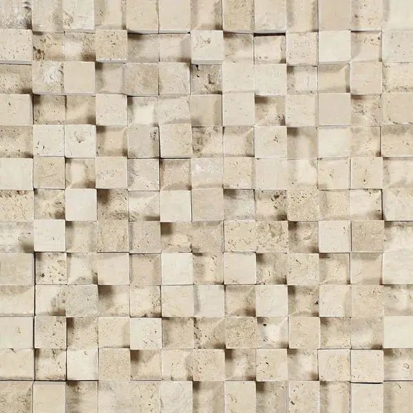 Ivory (Light) Travertine 1X1 Hi - Low Mosaic Split - Faced - SurfacesGalore