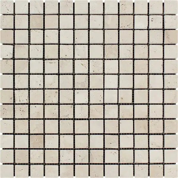 Ivory (Light) Travertine 1X1 Mosaic Tumbled - SurfacesGalore