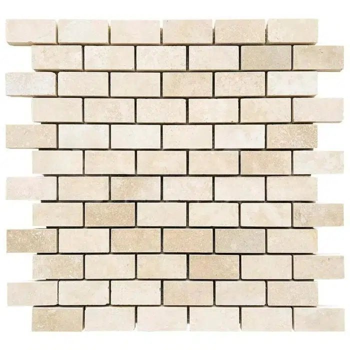 Ivory (Light) Travertine 1X2 Brick Mosaic Filled and Honed - SurfacesGalore