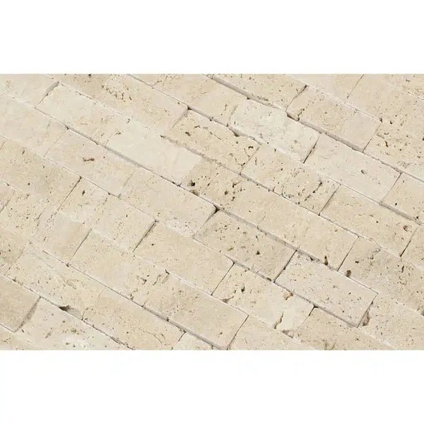 Ivory (Light) Travertine 1X2 Brick Mosaic Split - Faced - SurfacesGalore