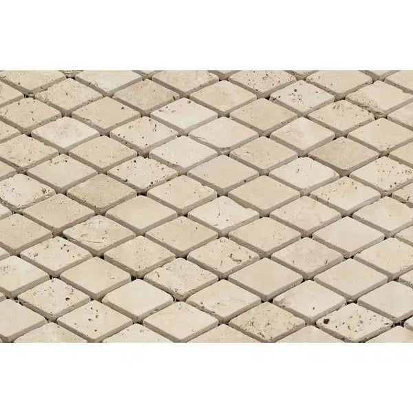 Ivory (Light) Travertine 1X2 Diamond / Rhomboid Mosaic Tumbled - SurfacesGalore