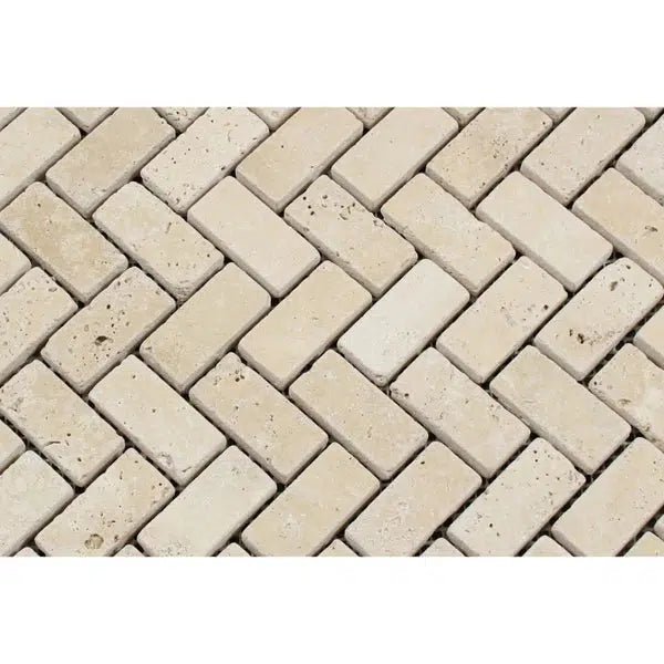 Ivory (Light) Travertine 1X2 Herringbone Mosaic Tumbled - SurfacesGalore