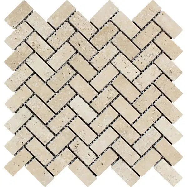 Ivory (Light) Travertine 1X2 Herringbone Mosaic Tumbled - SurfacesGalore