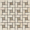 Ivory (Light) Travertine 1X2 Pinwheel (LARGE) Mosaic w/ Noce Dots Tumbled - SurfacesGalore