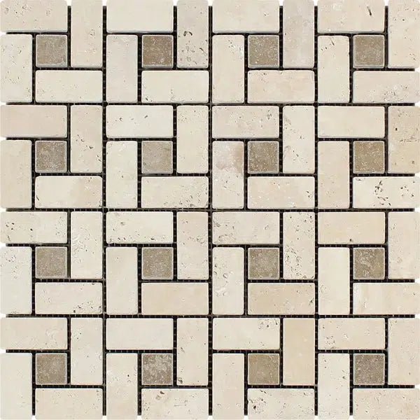 Ivory (Light) Travertine 1X2 Pinwheel (LARGE) Mosaic w/ Noce Dots Tumbled - SurfacesGalore