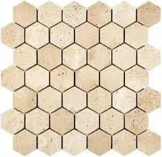 Ivory (Light) Travertine 2" Hexagon Mosaic Filled and Honed