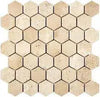 A pattern of beige and light brown hexagonal tiles arranged in a grid. The Ivory (Light) Travertine 2X2 Hexagon Mosaic Filled and Honed tiles from SurfacesGalore have a slightly textured surface, giving them a natural stone appearance. The overall design creates a uniform, honeycomb-like mosaic perfect for contemporary spaces.