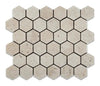 SurfacesGalore's Ivory (Light) Travertine 2X2 Hexagon Mosaic Tumbled features a grid pattern of small, beige, hexagonal tiles that showcases the natural beauty of travertine. The slightly textured tiles exhibit darker speckles and irregularities, arranged in a rectangular layout with half-hexagon tiles at the edges for a smooth border.