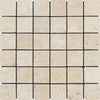 A grid of SurfacesGalore's Ivory (Light) Travertine 2X2 Mosaic Tumbled tiles, featuring slight variations in color and texture, arranged neatly in rows and columns. These tiles showcase a natural stone appearance, delivering a rustic and earthy feel. The thin, uniform grout lines between the tiles complete the look.