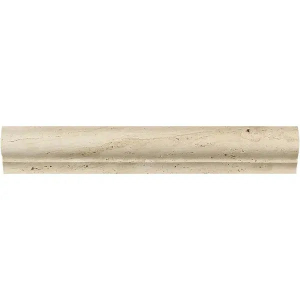 An Ivory (Light) Travertine 2X3X12 Corner-Ogee (Stair-tread) Trim Liner from SurfacesGalore with a honed finish and subtle veining. This trim liner has a rounded, concave profile and is ideal for use as decorative molding for walls or floors, adding an elegant touch similar to light travertine.