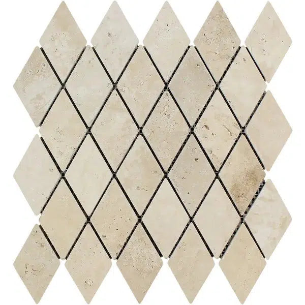 An Ivory (Light) Travertine 2X4 Diamond/Rhomboid Mosaic Tumbled tile sheet from SurfacesGalore, featuring interconnected diamond patterns with subtle variations in texture and coloration reminiscent of light travertine, arranged in a grid-like formation.