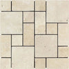 A close-up image of a mosaic tile pattern featuring rectangular and square tiles in varying shades of beige and cream. The grout lines are thin and black, defining the edges of each tile. The tiles have a slightly textured, natural stone appearance, reminiscent of Ivory (Light) Travertine 3-pcs. Mini-Pattern Mosaic (Non-Interlocking) Tumbled's elegance from SurfacesGalore.