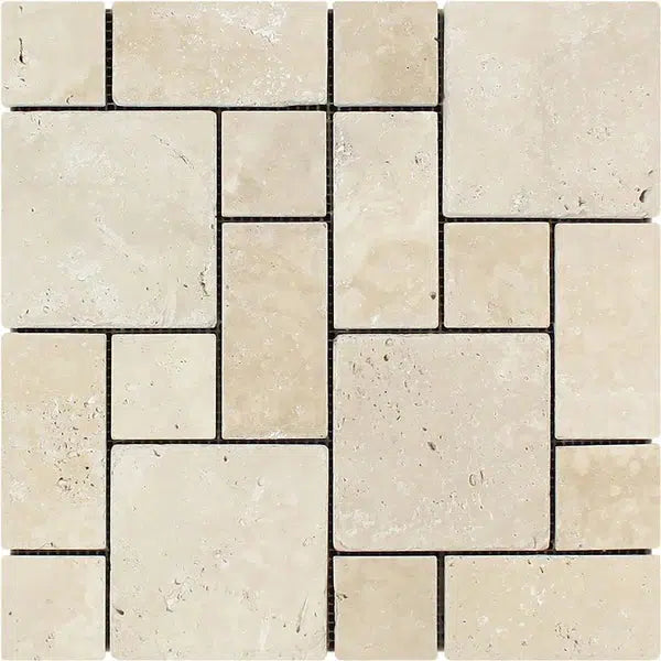 A close-up image of a mosaic tile pattern featuring rectangular and square tiles in varying shades of beige and cream. The grout lines are thin and black, defining the edges of each tile. The tiles have a slightly textured, natural stone appearance, reminiscent of Ivory (Light) Travertine 3-pcs. Mini-Pattern Mosaic (Non-Interlocking) Tumbled's elegance from SurfacesGalore.