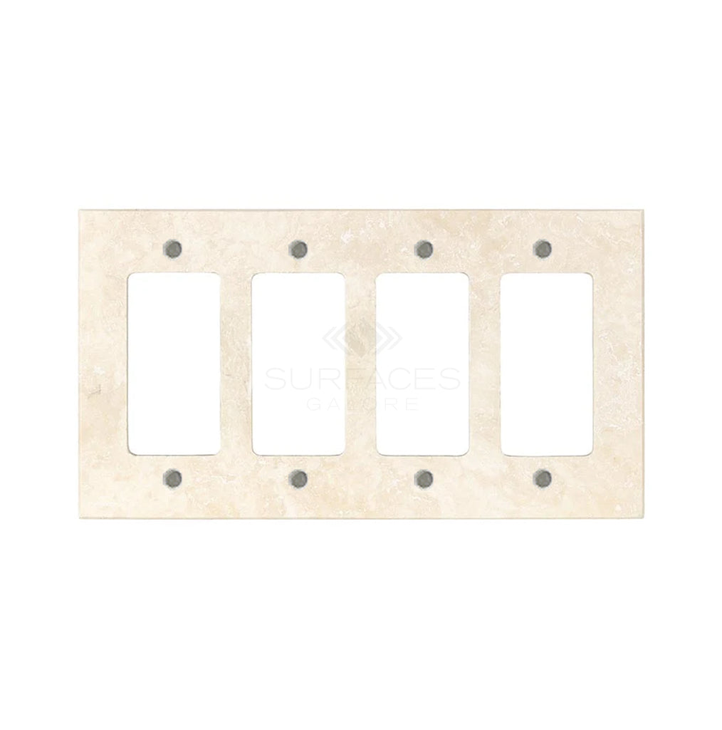 An Ivory (Light) Travertine four-gang ROCKER switch wall plate by SurfacesGalore, featuring rectangular openings.