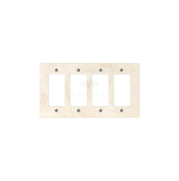 The SurfacesGalore Ivory (Light) Travertine 4 Gang ROCKER Switch Wall Plate/Cover Plate/Switch Plate is a rectangular wall plate cover with a beige, marble-like finish that mimics the elegance of authentic marble.