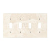 Ivory (Light) Travertine 4 Gang TOGGLE Switch Wall Plate by SurfacesGalore, featuring an authentic marble-like design and four toggle switch openings.