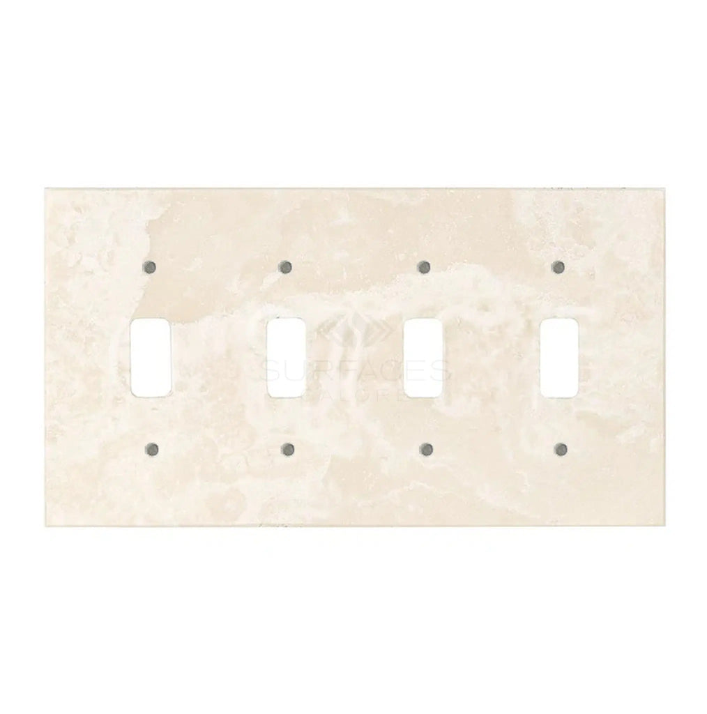 Ivory (Light) Travertine 4 Gang TOGGLE Switch Wall Plate by SurfacesGalore, featuring an authentic marble-like design and four toggle switch openings.