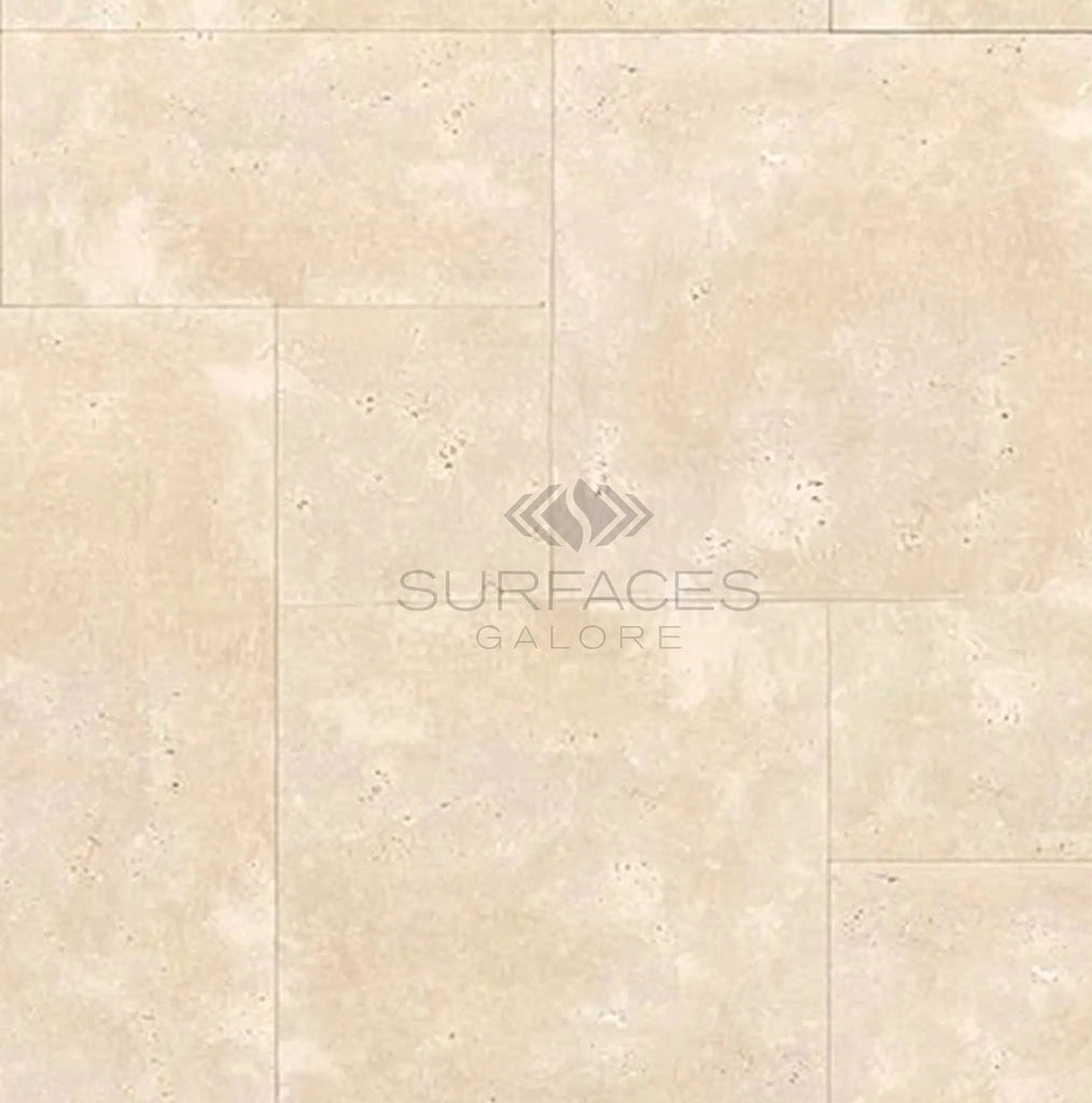 Ivory travertine tile flooring with subtle texture and the "SurfacesGalore" logo at the center, crafted from premium 4-piece Versailles/French pattern set that is filled, honed, and straight-edged.