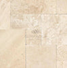 A detailed close-up of the Ivory (Light) Travertine 4 pcs Versailles Pattern/ French Pattern Set (Cross-Cut) Tumbled tiles arranged in a staggered pattern, with the SurfacesGalore logo at the center.