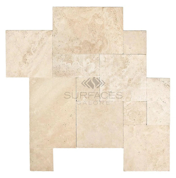 Ivory (Light) Travertine 4 pcs Versailles Pattern/ French Pattern Set (Cross-Cut) Tumbled tiles arranged in a modular pattern, with the text "SurfacesGalore" overlaid in the center.