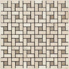 SurfacesGalore presents the Ivory (Light) Travertine 5/8X1 1/4 Pinwheel (MINI) w/ Noce Dots Mosaic Tumbled, a square mosaic pattern featuring interlocking geometric shapes in shades of beige and cream. This design includes small rectangular and square tiles of light travertine bordered by thin, dark grout lines, creating a textured and intricate visual effect.