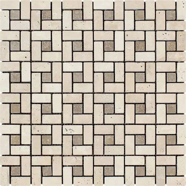 SurfacesGalore presents the Ivory (Light) Travertine 5/8X1 1/4 Pinwheel (MINI) w/ Noce Dots Mosaic Tumbled, a square mosaic pattern featuring interlocking geometric shapes in shades of beige and cream. This design includes small rectangular and square tiles of light travertine bordered by thin, dark grout lines, creating a textured and intricate visual effect.