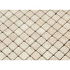 A close-up view of an Ivory (Light) Travertine 5/8X5/8 Mosaic Tumbled wall or surface from SurfacesGalore, featuring small, square tiles arranged in a neat, grid-like pattern. These tiles have a slightly rough texture and varying shades, giving the surface a natural, rustic appearance.