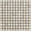 A grid of small, square Ivory (Light) Travertine 5/8X5/8 Mosaic Tumbled tiles from SurfacesGalore, tightly arranged with thin, dark grout lines. The tiles form a uniform and consistent pattern with a clean and geometric overall appearance.