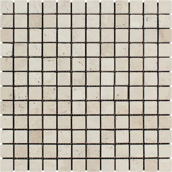 A grid of small, square Ivory (Light) Travertine 5/8X5/8 Mosaic Tumbled tiles from SurfacesGalore, tightly arranged with thin, dark grout lines. The tiles form a uniform and consistent pattern with a clean and geometric overall appearance.