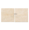 Two square tiles in beige with speckled patterns, reminiscent of Ivory (Light) Travertine 6X6 (Cross-Cut) Tumbled. The text "SurfacesGalore" is printed between the tiles.