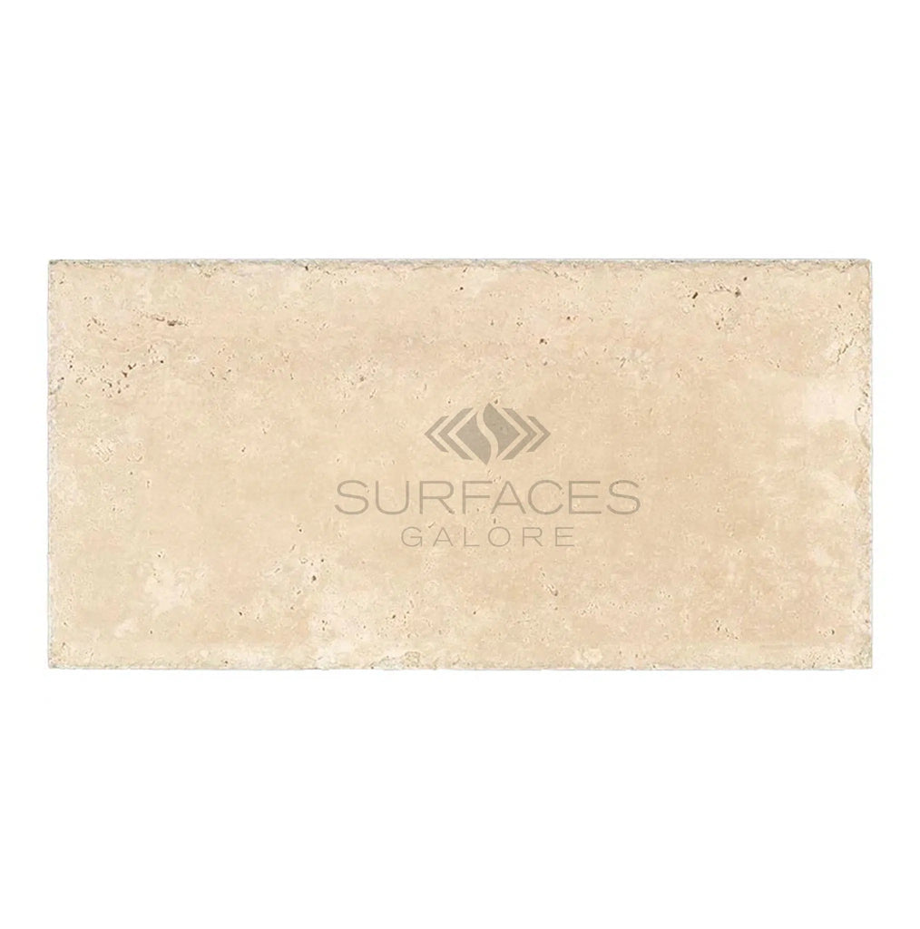 Ivory (Light) Travertine tile, 8x16 in size with a cross-cut, unfilled, brushed and chiseled finish featuring the SurfacesGalore logo in gray text at the center.