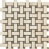 A close-up of the SurfacesGalore Ivory (Light) Travertine Basketweave Mosaic with Noce Dots Tumbled, featuring interlocking white rectangular tiles accented by small beige Noce square dots at the intersections, forming a basket weave design. The overall appearance is clean and geometric, showcasing the elegance of Light Travertine.