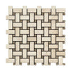 Behold the Ivory (Light) Travertine Basketweave with Noce Dots Mosaic from SurfacesGalore. This elegant design features interlocking rectangular tiles in beige and Premium Light Travertine, arranged in a basketweave pattern. The alternating light and dark tones create a textured and intricate geometric look that enhances any space.